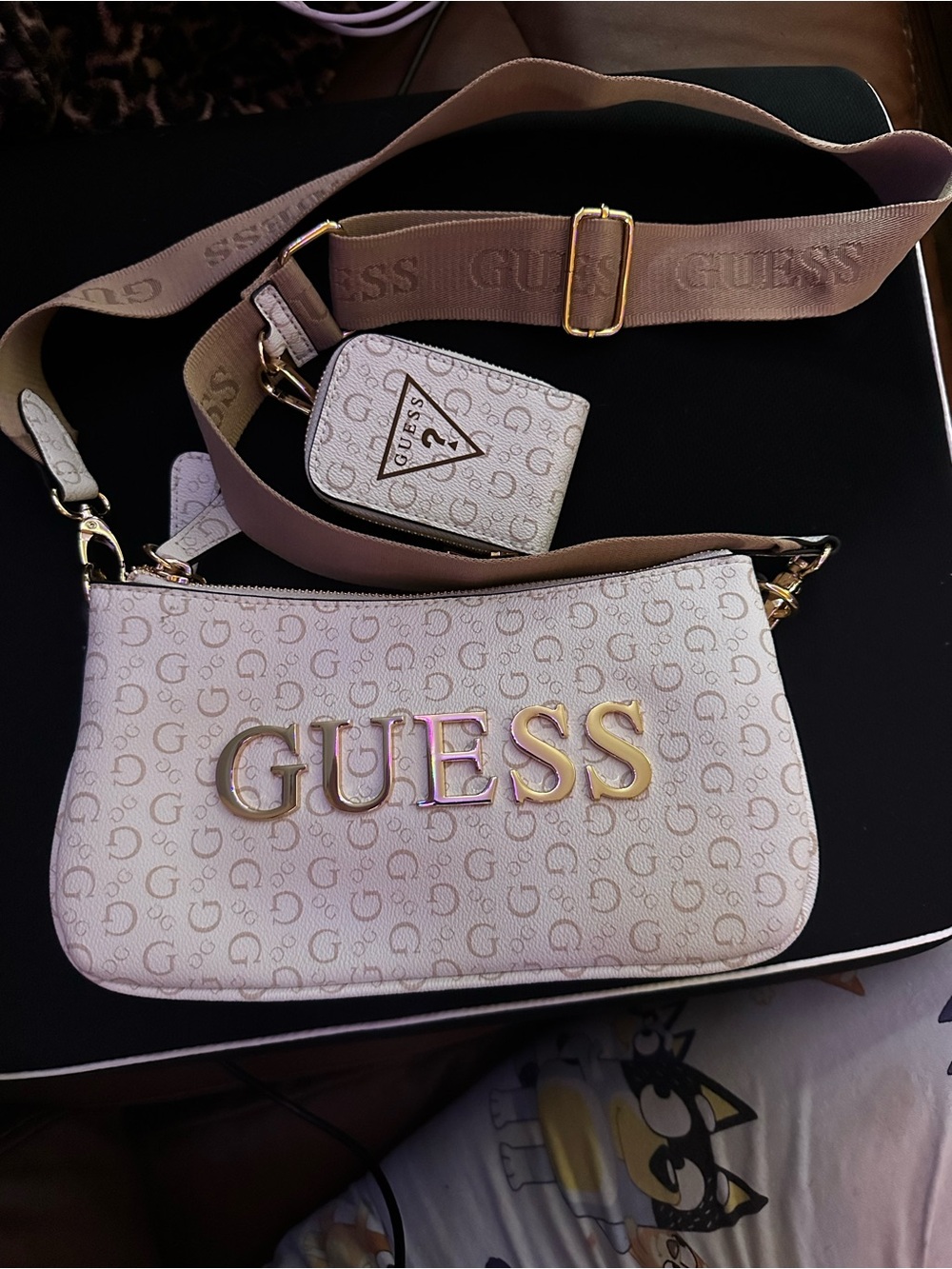 GUESS Cream Logo Crossbody with Detachable Strap and Pouch
